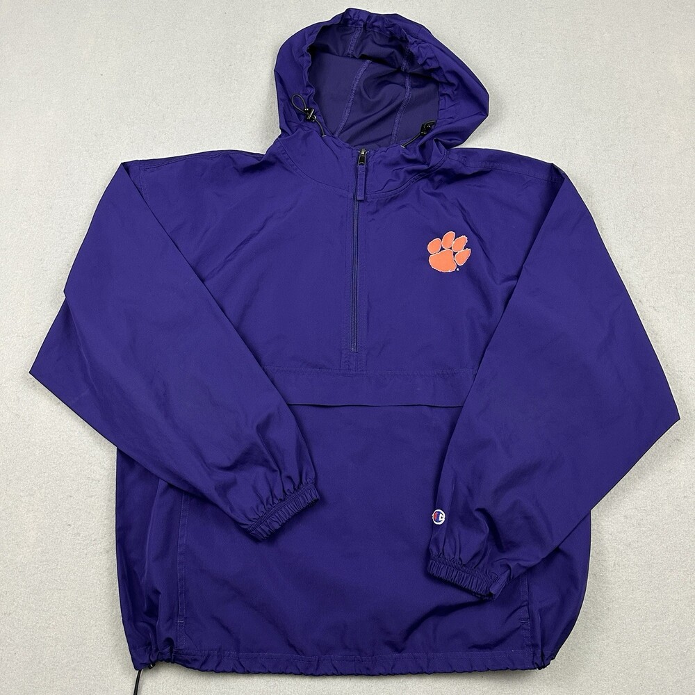 Clemson Tigers Jacket Men XL Purple Champion 1/4 Zip Anorak Football Paw Hood
